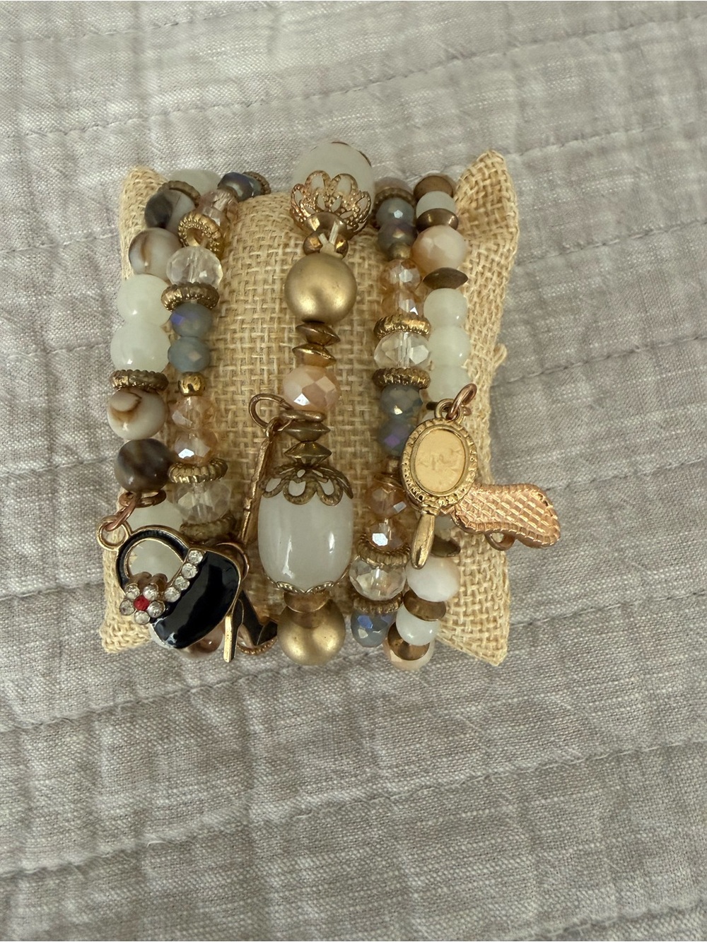 Set of 5 Gold and Ivory Beaded Charm Bracelet Set